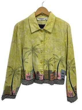 Vintage Tropical City Palm Trees Lime Green Embroidered Cotton Jacket - L